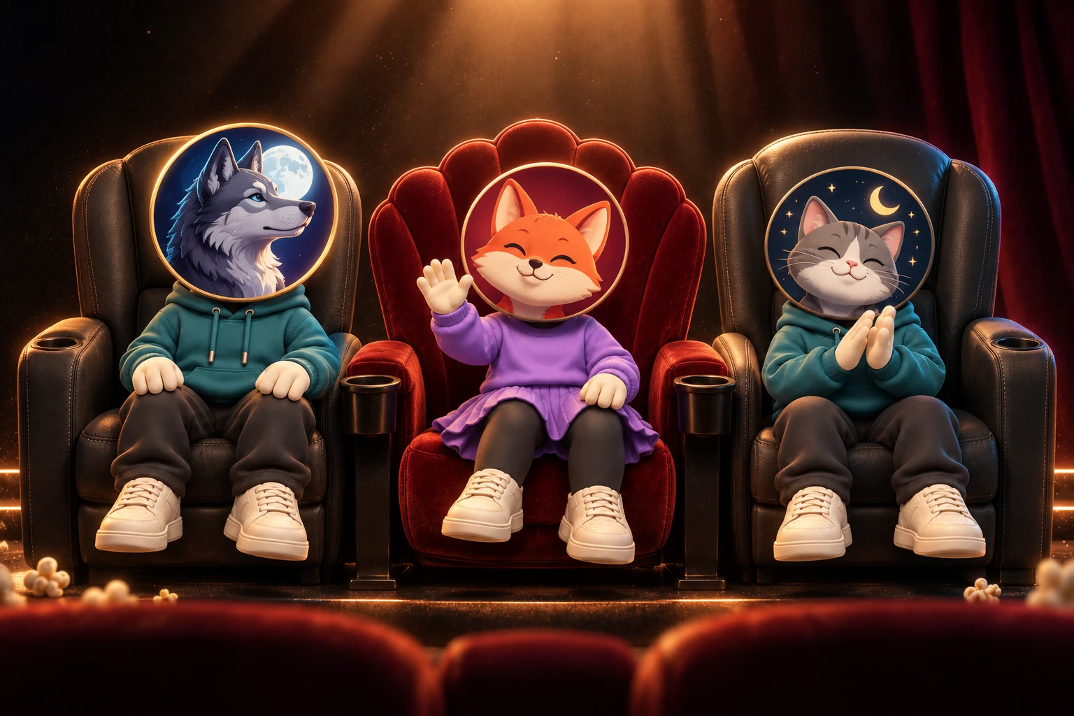 Cine en Directo illustration: three characters with avatar heads in cinema seats, one waving