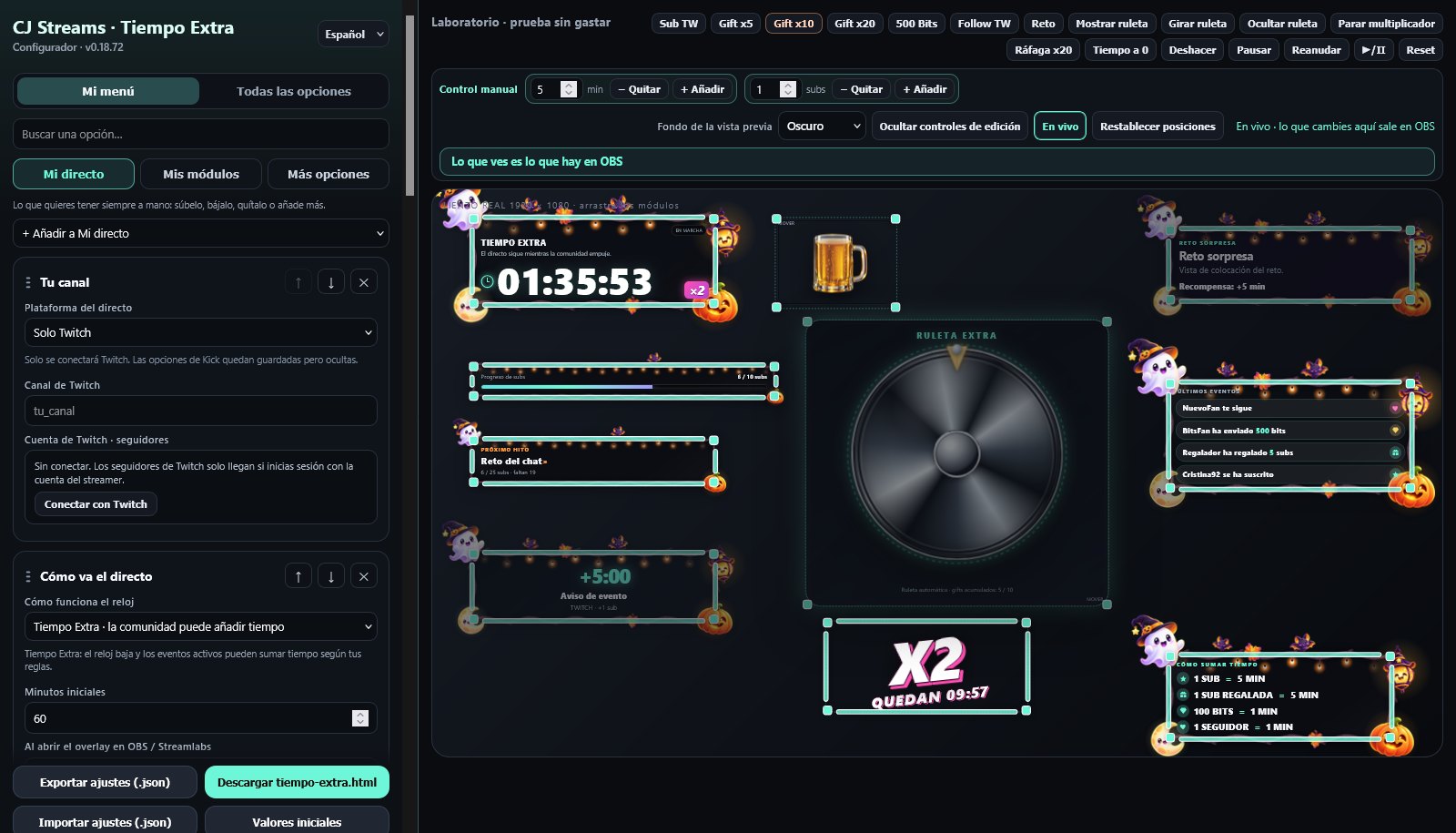 Tiempo Extra configurator: My Menu on the left with My Stream, My Modules and More Options; preview on the right with a green bar showing that it matches OBS