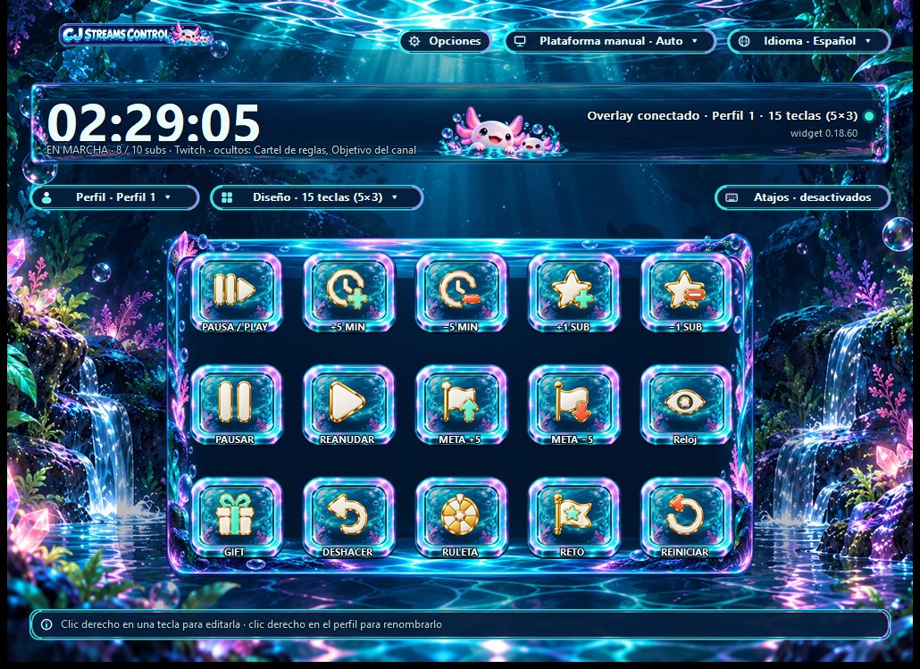 CJ Streams Control with the Axolotl Glow skin: 15 keys, a running timer and the overlay connected