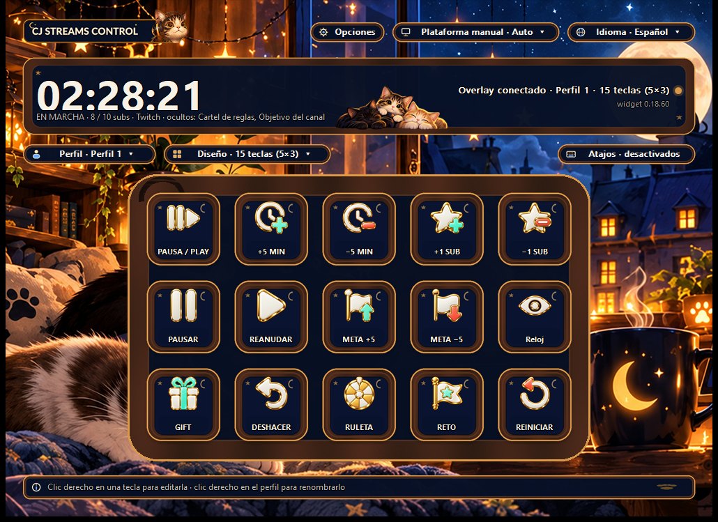 CJ Streams Control with the Gatitos Nocturnos skin: 15 keys, a running timer and the overlay connected