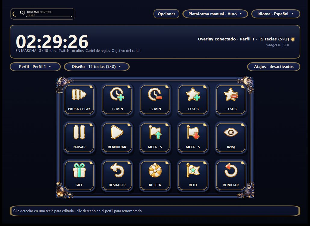 CJ Streams Control with the Owl Night skin: 15 keys, a running timer and the overlay connected