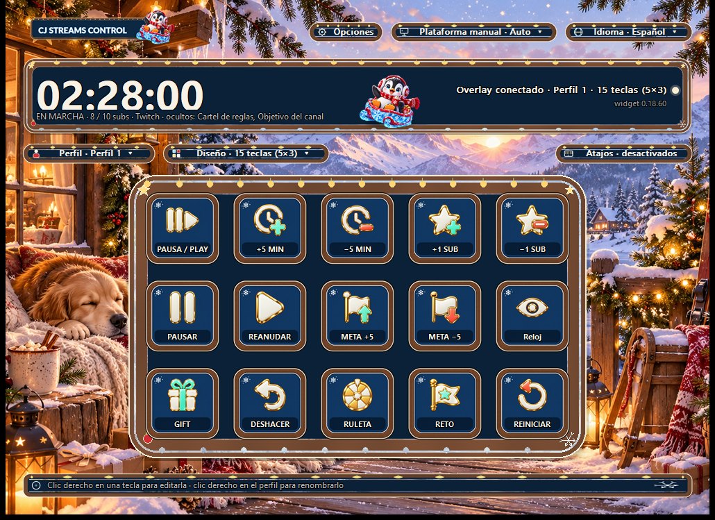 CJ Streams Control with the Winter Glow skin: 15 keys, a running timer and the overlay connected