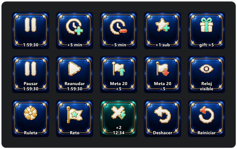 Fifteen plugin keys on a Stream Deck MK.2: pause at 1:59:30, +5 min, −5 min, +1 sub, gift ×5, resume, goal +5 and −5, timer visibility, wheel, challenge, ×2 countdown, undo and reset