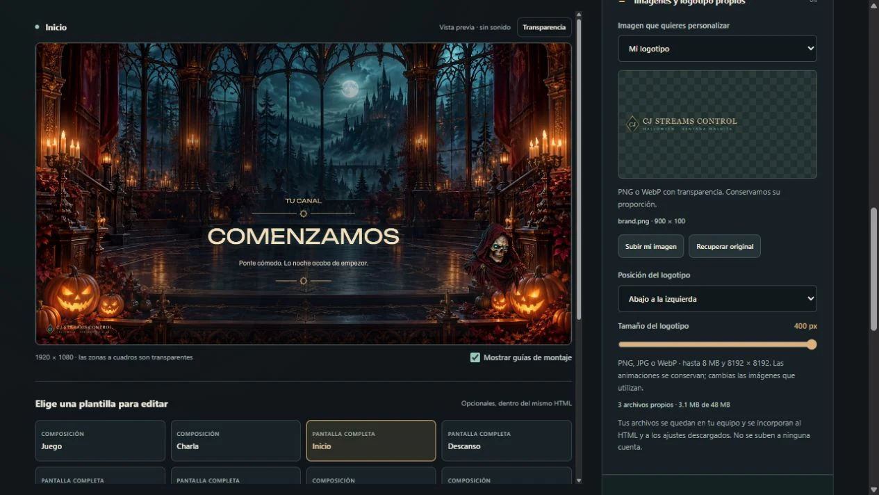 Captura real del configurador de Halloween con opciones para cargar un logotipo y ajustar su posición