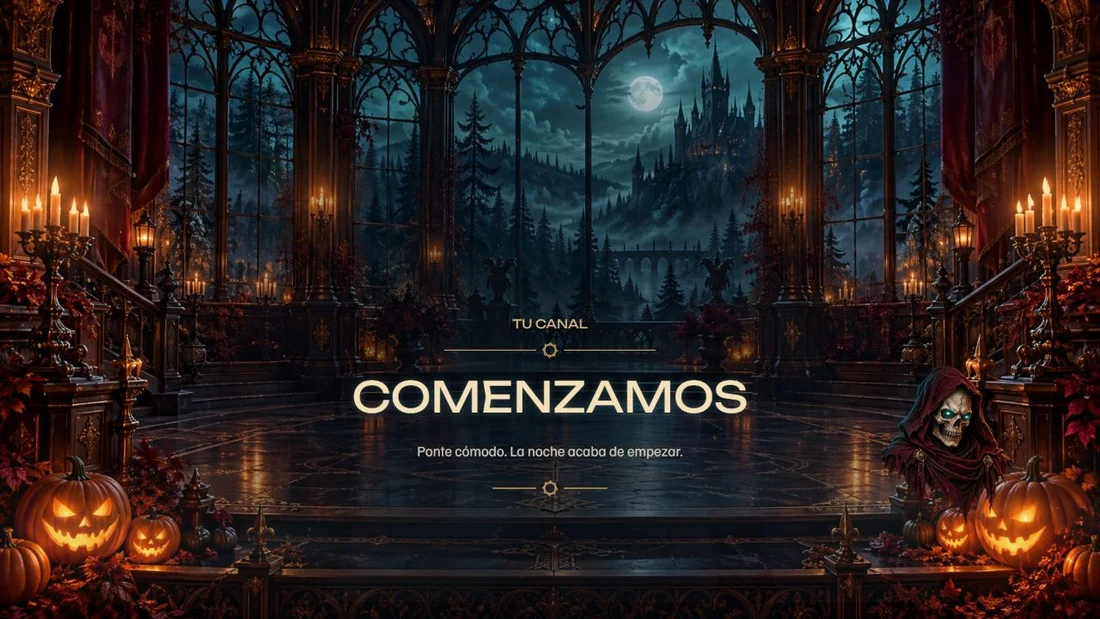 Captura real de la pantalla Inicio de Halloween con la sala gótica, calabazas y Comenzamos