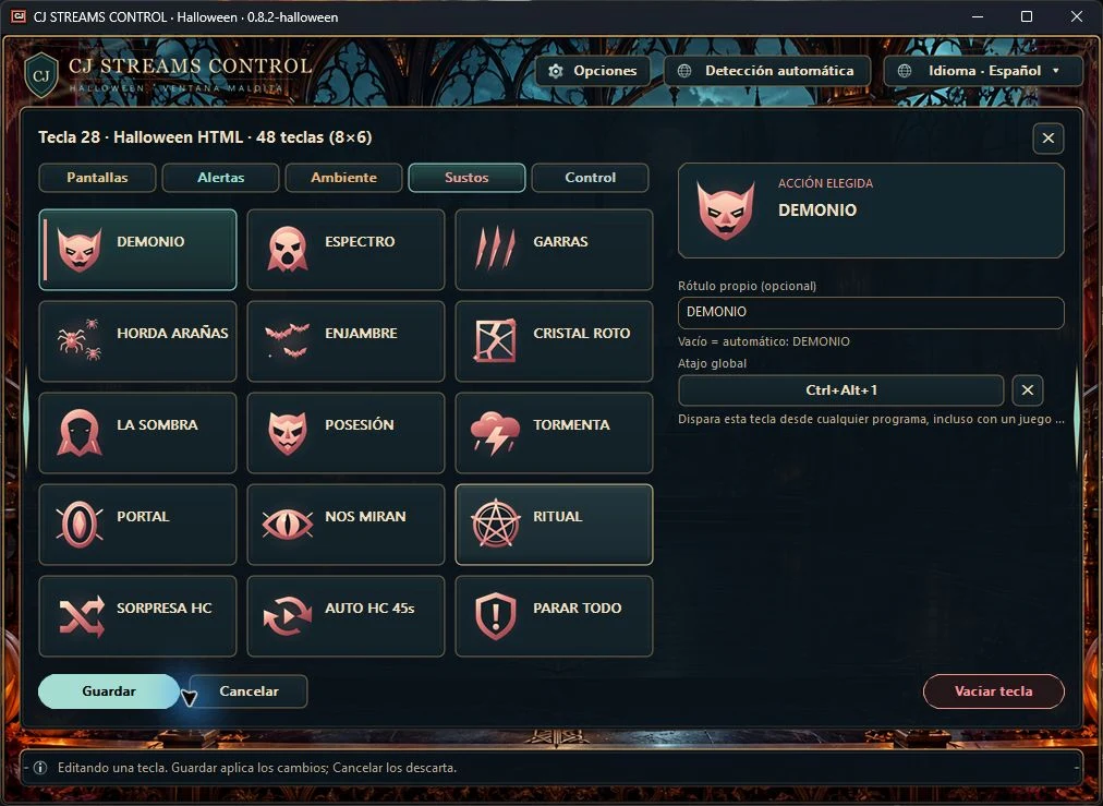 Captura real del mando de Halloween con selector por categorías y vista ampliada de Demonio